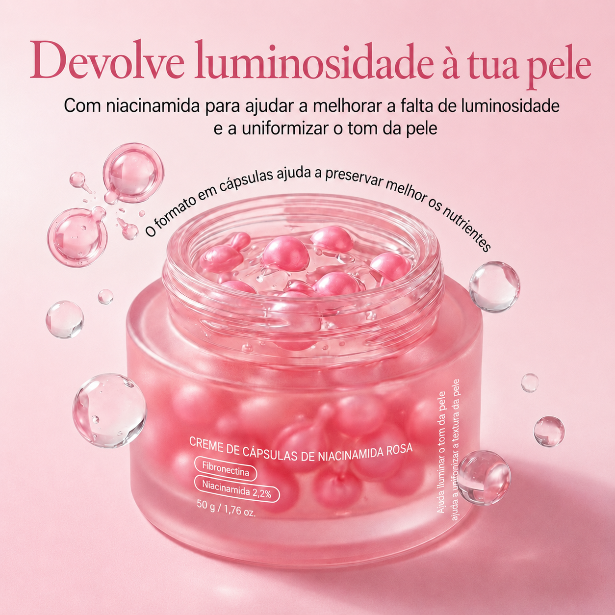 Frasco aberto do creme TVLV com cápsulas de niacinamida, embalagem, tampa e espátula.